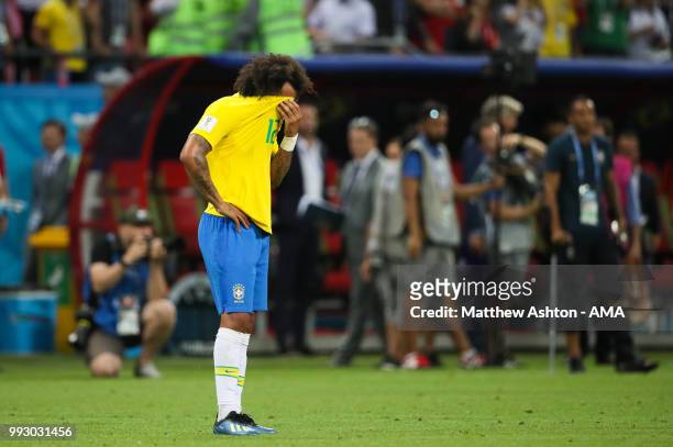 Marcelo of Brazil looks dejected at the end of the 2018 FIFA World Cup Russia Quarter Final match between Brazil and Belgium at Kazan Arena on July...