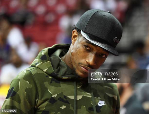 DeMar DeRozan of the Toronto Raptors attends a 2018 NBA Summer League game between the Raptors and the New Orleans Pelicans at the Thomas & Mack...