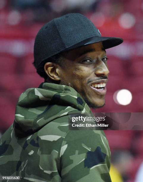 DeMar DeRozan of the Toronto Raptors attends a 2018 NBA Summer League game between the Raptors and the New Orleans Pelicans at the Thomas & Mack...