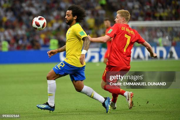 Brazil's defender Marcelo vies with Belgium's midfielder Kevin De Bruyne during the Russia 2018 World Cup quarter-final football match between Brazil...