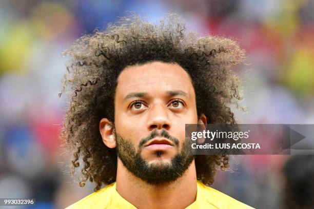 Brazil's defender Marcelo looks on prior to the Russia 2018 World Cup quarter-final football match between Brazil and Belgium at the Kazan Arena in...