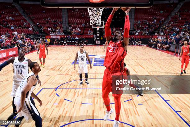 Shevon Thompson of the Toronto Raptors dunks the ball against the New Orleans Pelicans during the 2018 Las Vegas Summer League on July 6, 2018 at the...