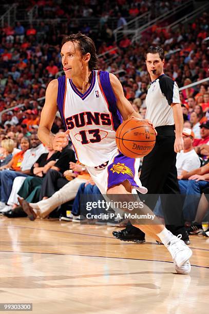 Steve Nash of the Phoenix Suns dribbles against the Houston Rockets during the game at U.S. Airways Center on April, 2010 in Phoenix, Arizona. The...