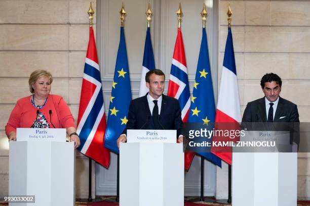 French President Emmanuel Macron , Norway's Prime Minister Erna Solberg and Saudi Arabia's Yasir Al-Rumayyan, the Managing Director of the Saudi...