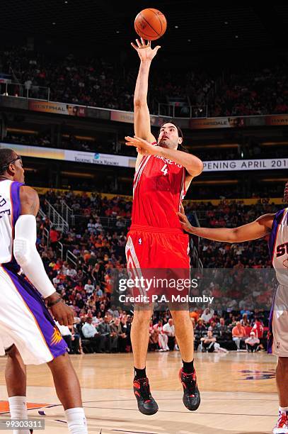 Luis Scola of the Houston Rockets shoots against the Phoenix Suns during the game at U.S. Airways Center on April, 2010 in Phoenix, Arizona. The Suns...