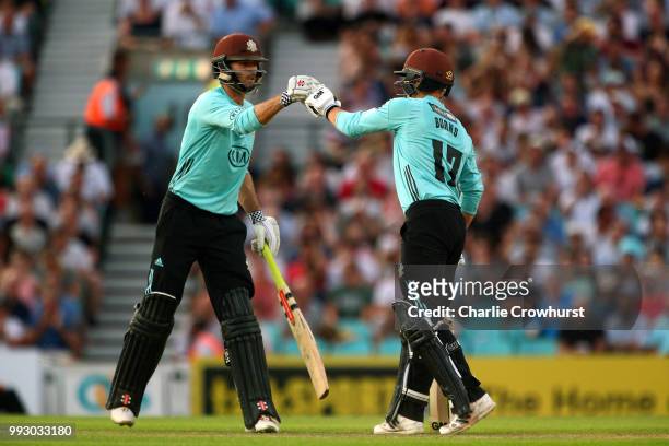 Rory Burns and Ben Foakes of Surrey during the Vitality Blast match between Surrey and Kent Spitfires at The Kia Oval on July 6, 2018 in London,...