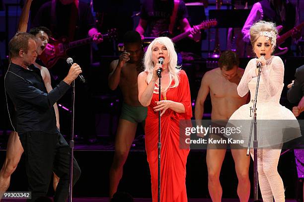 Sting, Debbie Harry and Lady Gaga perform on stage during the Almay concert to celebrate the Rainforest Fund's 21st birthday at Carnegie Hall on May...