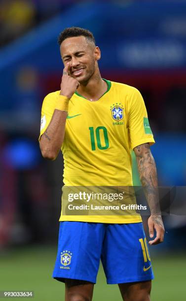 Neymar Jr of Brazil looks dejected during the 2018 FIFA World Cup Russia Quarter Final match between Brazil and Belgium at Kazan Arena on July 6,...