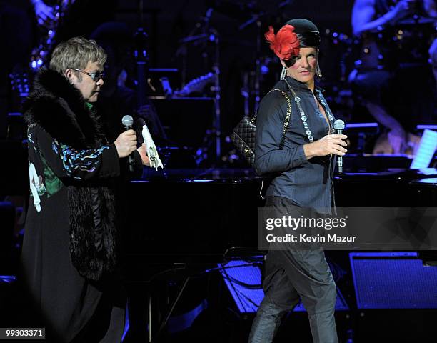 Sting and Elton John perform on stage during the Almay concert to celebrate the Rainforest Fund's 21st birthday at Carnegie Hall on May 13, 2010 in...