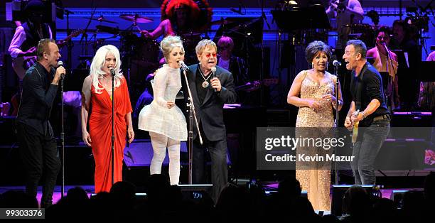 Sting, Debbie Harry, Lady Gaga, Elton John, Dame Shirley Bassey and Bruce Springsteen perform on stage during the Almay concert to celebrate the...