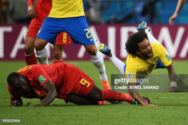 Brazil's defender Marcelo vies for the ball with Belgium's forward Romelu Lukaku during the Russia 2018 World Cup quarter-final football match...