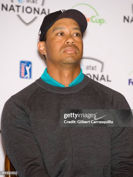 Tiger Woods discusses the upcoming AT&T National Tournament at a press conference at the Aronimink Golf Club on May 10, 2010 in Newtown, Pennsylvania.