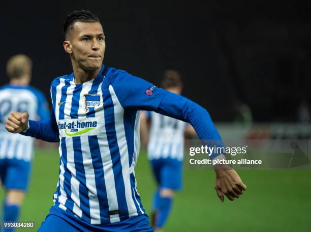 Berlin's Davie Selke celebrates his 1:0 goal during the Europa League group J soccer match between Hertha BSC and Zorya Luhansk at the Olympia...