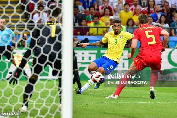 Brazil's forward Gabriel Jesus vies for the ball with Belgium's defender Jan Vertonghen during the Russia 2018 World Cup quarter-final football match...