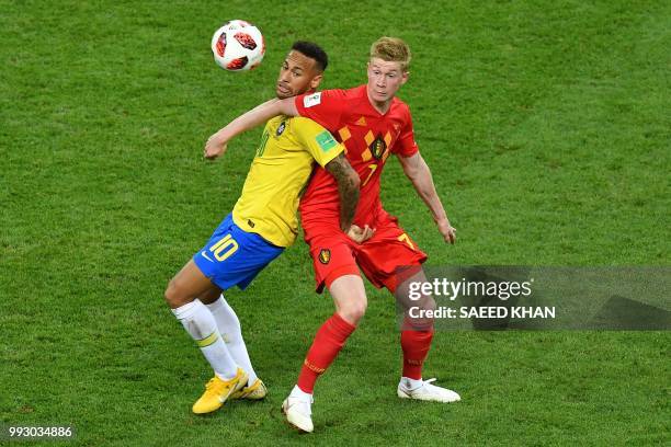 Brazil's forward Neymar vies with Belgium's midfielder Kevin De Bruyne during the Russia 2018 World Cup quarter-final football match between Brazil...