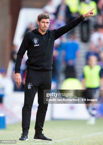 Rangers manager Steven Gerrard shouts instructions from the touchline during a pre-season friendly match at Ibrox Stadium, Glasgow.