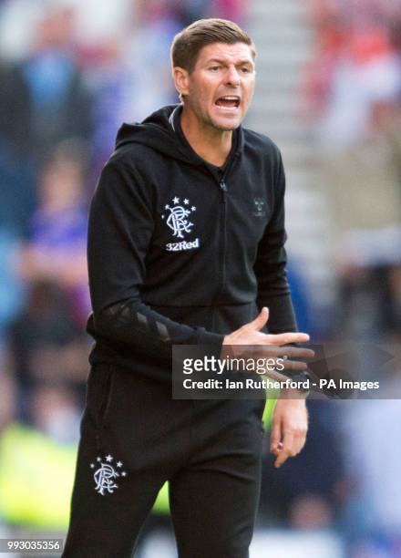 Rangers manager Steven Gerrard shouts instructions from the touchline during a pre-season friendly match at Ibrox Stadium, Glasgow.