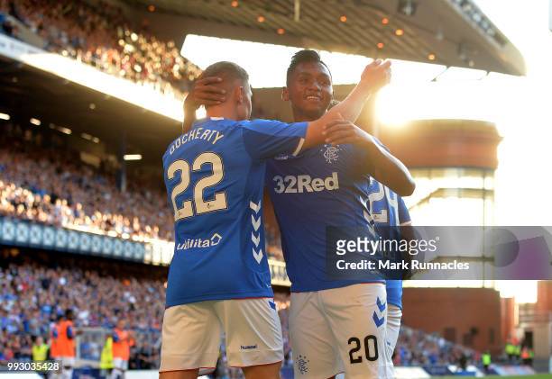 Alfredo Morelos of Rangers celebrates after scoring a goal in the second half of the game during the Pre-Season Friendly between Rangers and Bury at...