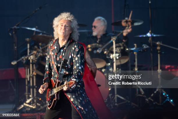 Brian May of Queen performs on stage during TRNSMT Festival Day 4 at Glasgow Green on July 6, 2018 in Glasgow, Scotland.