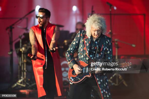 Adam Lambert and musician Brian May of Queen perform on stage during TRNSMT Festival Day 4 at Glasgow Green on July 6, 2018 in Glasgow, Scotland.