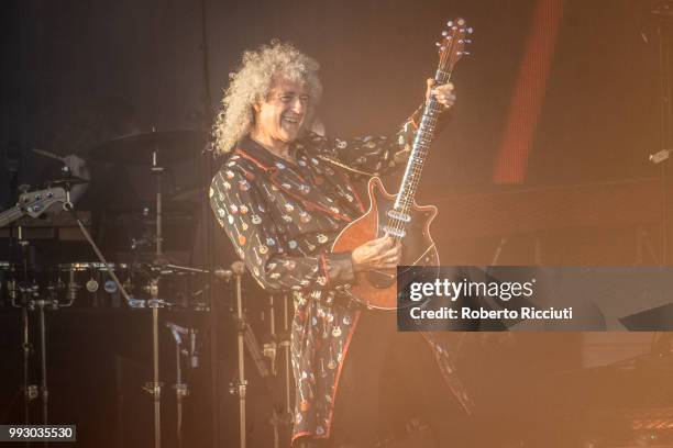 Brian May of Queen performs on stage during TRNSMT Festival Day 4 at Glasgow Green on July 6, 2018 in Glasgow, Scotland.