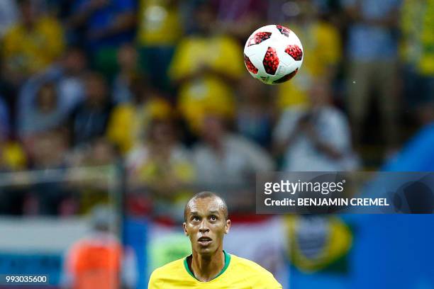 Brazil's defender Miranda eyes the ball during the Russia 2018 World Cup quarter-final football match between Brazil and Belgium at the Kazan Arena...