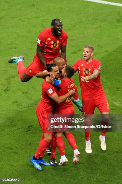 Nacer Chadli of Belgium , Romelu Lukaku of Belgium and Toby Alderweireld of Belgium celebrate their opening goal during the 2018 FIFA World Cup...