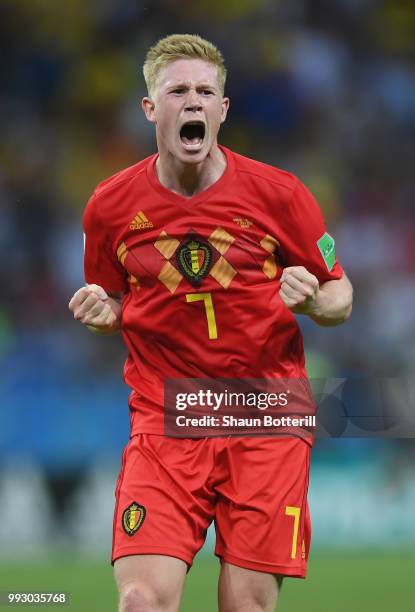 Kevin De Bruyne of Belgium celebrates following his sides victory in the 2018 FIFA World Cup Russia Quarter Final match between Brazil and Belgium at...