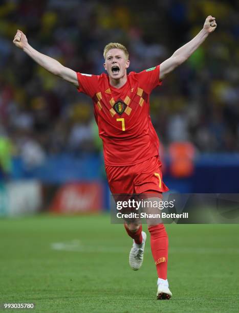 Kevin De Bruyne of Belgium celebrates following his sides victory in the 2018 FIFA World Cup Russia Quarter Final match between Brazil and Belgium at...