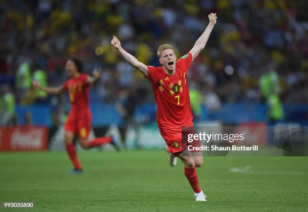 Kevin De Bruyne of Belgium celebrates following his sides victory in the 2018 FIFA World Cup Russia Quarter Final match between Brazil and Belgium at...