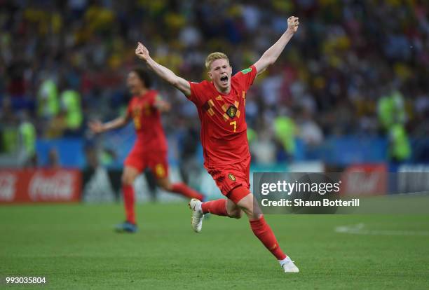 Kevin De Bruyne of Belgium celebrates following his sides victory in the 2018 FIFA World Cup Russia Quarter Final match between Brazil and Belgium at...