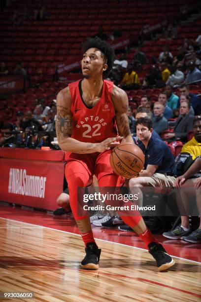 Malachi Richardson of the Toronto Raptors handles the ball against the New Orleans Pelicans during the 2018 Las Vegas Summer League on July 6, 2018...