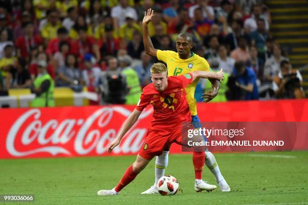 Belgium's midfielder Kevin De Bruyne vies with Brazil's midfielder Fernandinho during the Russia 2018 World Cup quarter-final football match between...