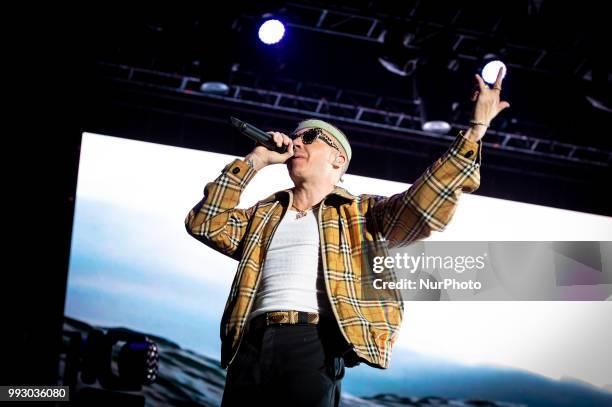 Benjamin Haggerty known by his stage name Macklemore performing live on stage in Rome at Rock in Roma festival, Rome, Italy on 3 July 2018.