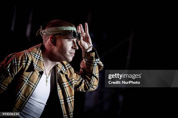 Benjamin Haggerty known by his stage name Macklemore performing live on stage in Rome at Rock in Roma festival, Rome, Italy on 3 July 2018.