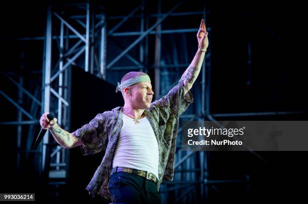 Benjamin Haggerty known by his stage name Macklemore performing live on stage in Rome at Rock in Roma festival, Rome, Italy on 3 July 2018.