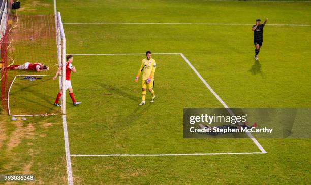 Dublin , Ireland - 6 July 2018; Patrick Hoban, right, runs to celebrate with his Dundalk team-mate Robbie Benson after her scored their third goal...