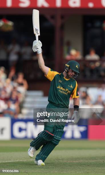 Dan Christian of Nottinghamshire celebrates his century in an innings of 113 not out during the Vitality Blast match between Northamptonshire...