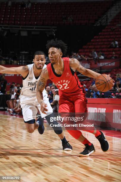 Malachi Richardson of the Toronto Raptors handles the ball against the New Orleans Pelicans during the 2018 Las Vegas Summer League on July 6, 2018...