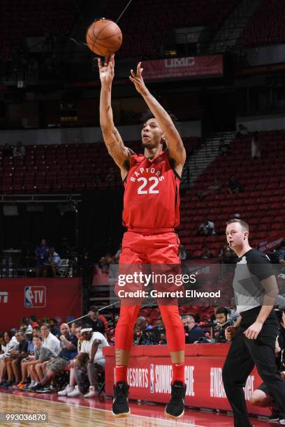 Malachi Richardson of the Toronto Raptors shoots the ball against the New Orleans Pelicans during the 2018 Las Vegas Summer League on July 6, 2018 at...