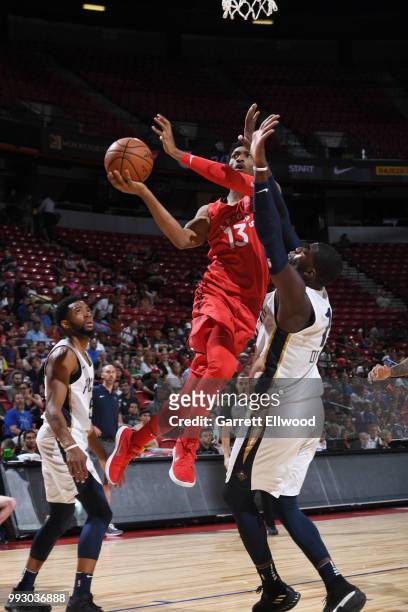 Malcolm Miller of the Toronto Raptors shoots the ball against the New Orleans Pelicans during the 2018 Las Vegas Summer League on July 6, 2018 at the...