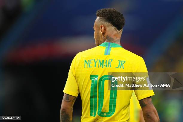 Neymar of Brazil in action during the 2018 FIFA World Cup Russia Quarter Final match between Brazil and Belgium at Kazan Arena on July 6, 2018 in...