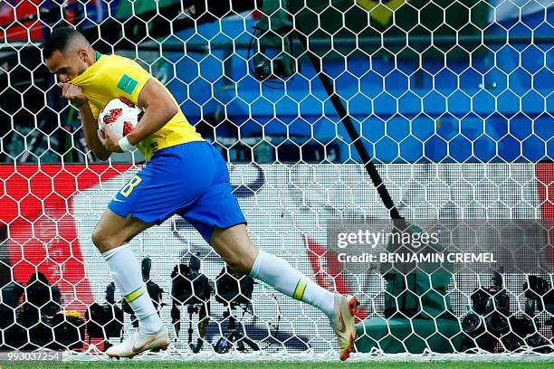 Brazil's midfielder Renato Augusto celebrates after scoring a goal during the Russia 2018 World Cup quarter-final football match between Brazil and...