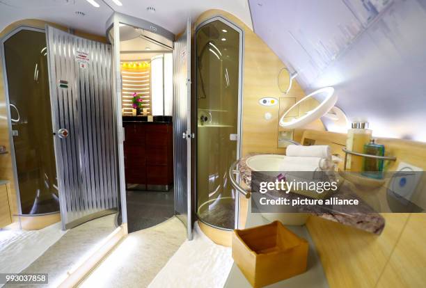 The bathroom of a first class cabin inside an Airbus A380 at the airbus factories in Hamburg, Germany, 3 November 2017. An official ceremony will see...