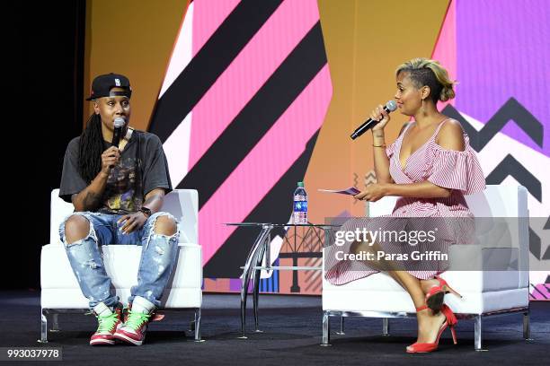 Lena Waithe and Cori Murray speak onstage during the 2018 Essence Festival presented by Coca-Cola at Ernest N. Morial Convention Center on July 6,...