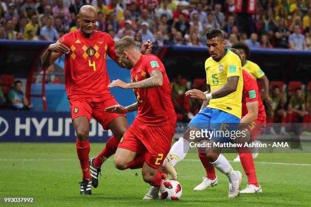 Paulinho of Brazil tangles with Toby Alderweireld of Belgium during the 2018 FIFA World Cup Russia Quarter Final match between Brazil and Belgium at...