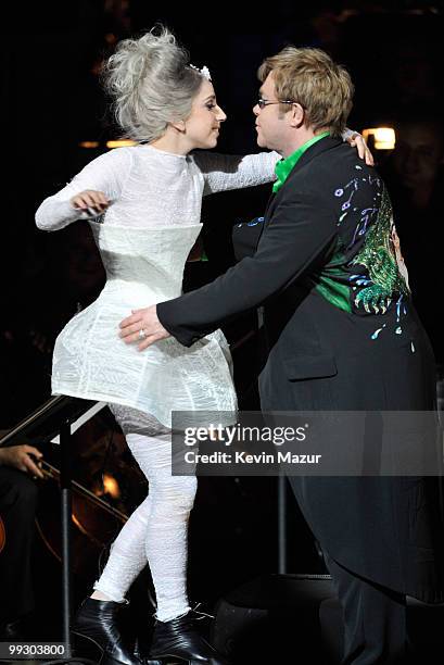 Lady Gaga and Elton John perform on stage during the Almay concert to celebrate the Rainforest Fund's 21st birthday at Carnegie Hall on May 13, 2010...