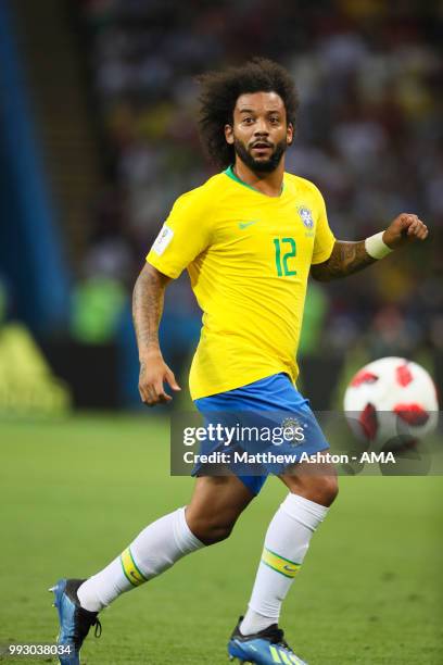 Marcelo of Brazil in action during the 2018 FIFA World Cup Russia Quarter Final match between Brazil and Belgium at Kazan Arena on July 6, 2018 in...