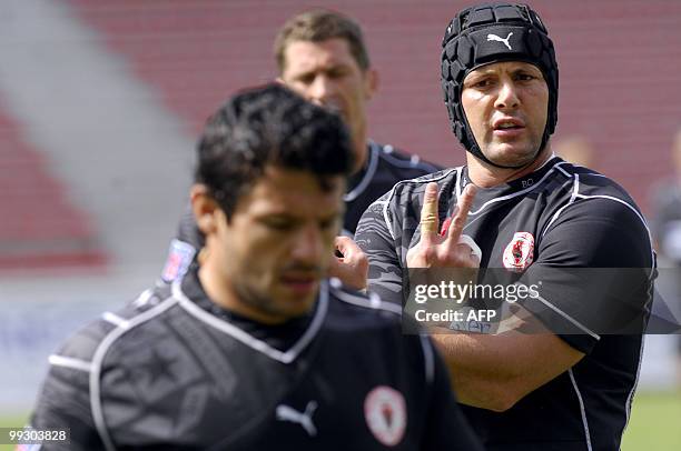 Biarritz's Trevor Hall gestures on May 14, 2010 during a training session at the Aguilera stadium in Biarritz, southwestern France. Biarritz will...