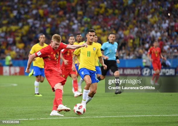 Kevin De Bruyne of Belgium scores the second goal during the 2018 FIFA World Cup Russia Quarter Final match between Brazil and Belguim at Kazan Arena...